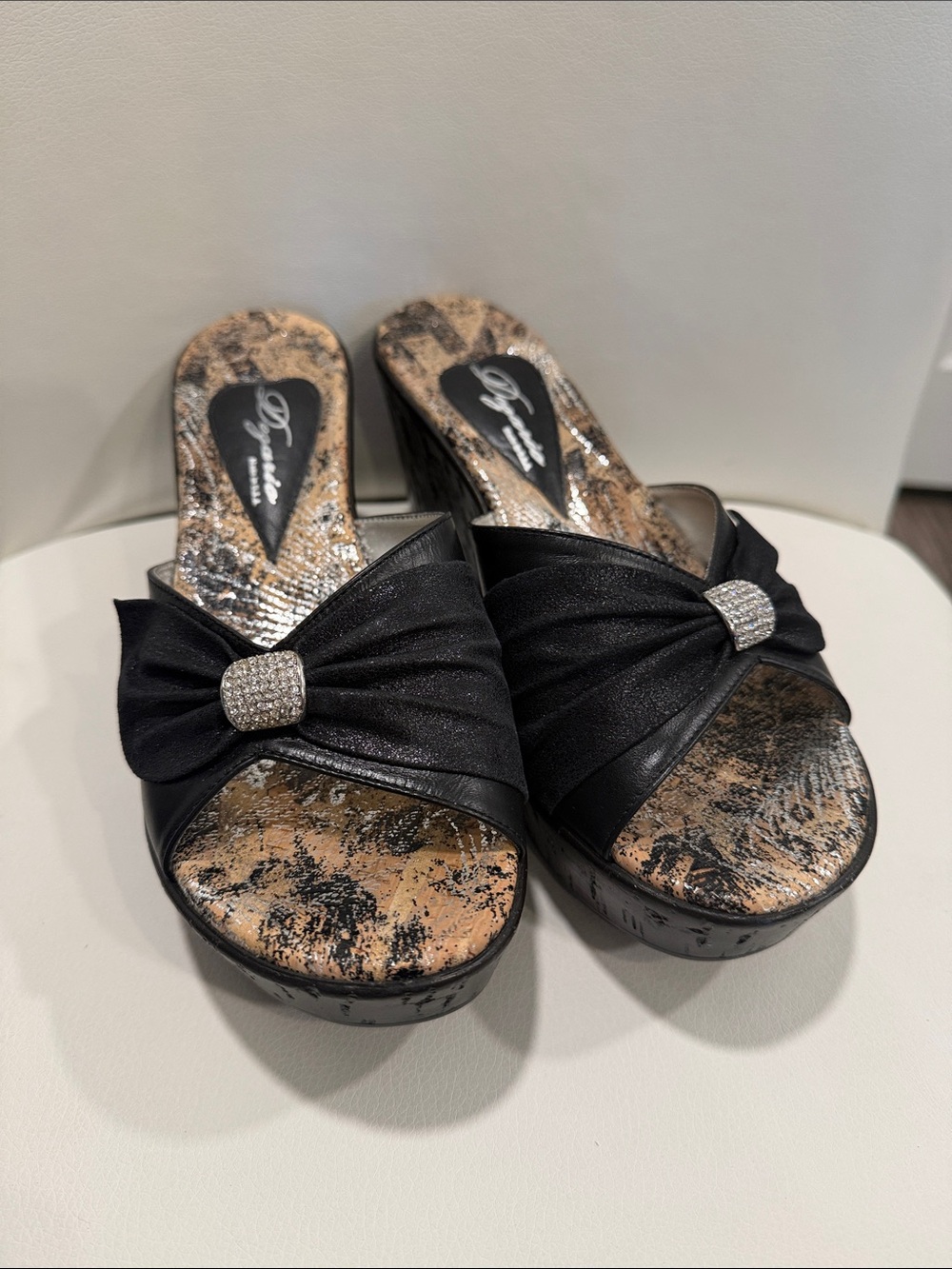 Embellished Black Knot-Front Wedge Mules